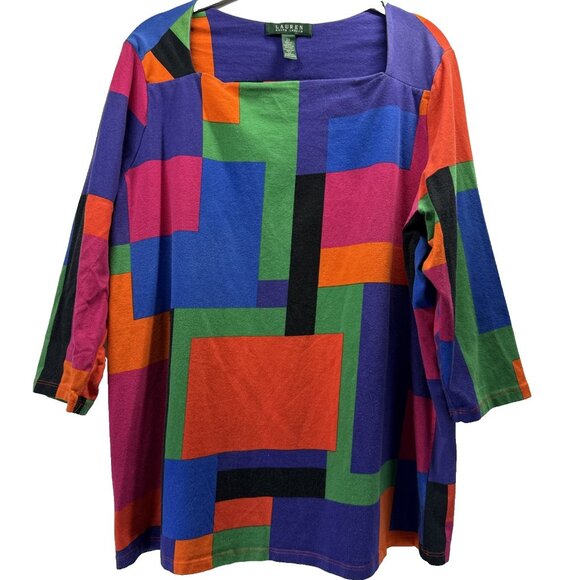 Lauren Ralph Lauren Women's Plus Top 2X Color Block Colorful 3/4 Sleeve Pullover - Picture 1 of 7